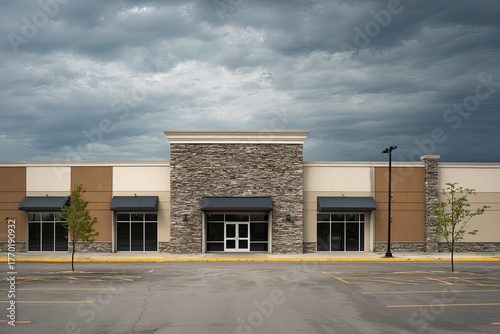 Empty retail building facade stands beneath a dramatically overcast sky