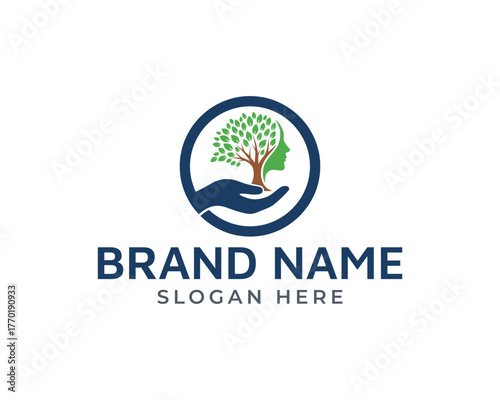 Hand holding a tree with leaves inside a circle with a human face profile, isolated on white background