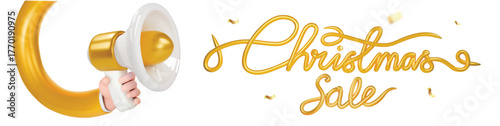 Christmas sale text effect. White Gold loudspeaker and golden lettering calligraphy Christmas sale. Xmas promotion graphic 3d style hand hold megaphone horizontal banner