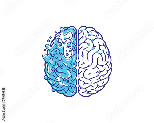 Stylized brain illustration with one half filled with blue water and dots, isolated on white background