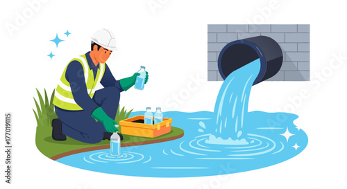Water Quality Testing A Technician Samples Water from a River near a Discharge Pipe