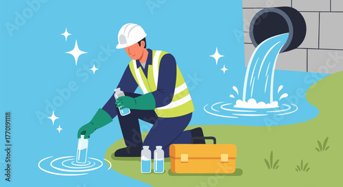 Water Quality Monitoring Scientist Analyzing Sample from River near Industrial Drainpipe