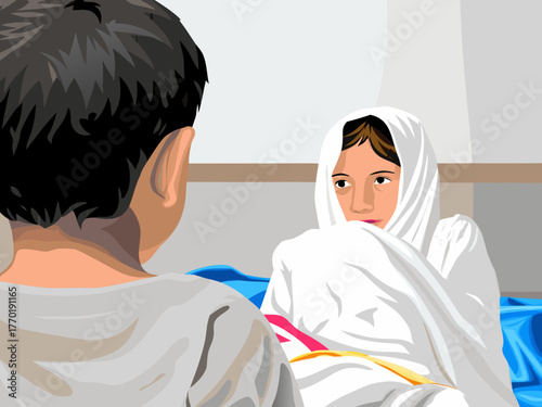 The boy's eyes are towards girl's eyes