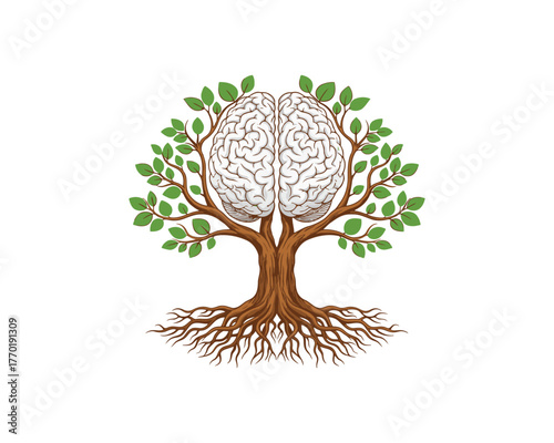 Brain as a tree with roots and branches on white background