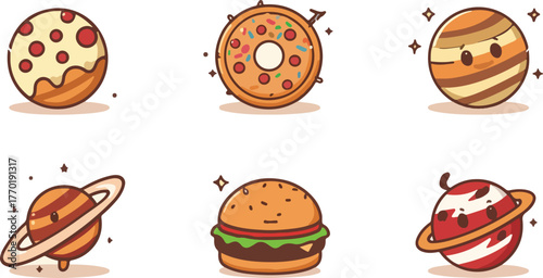 galactic snacks cartoon food planets vector set
