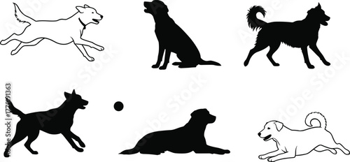 Dog silhouettes, pet illustration, canine poses, domestic animal, running, sitting, lying down, playful dog, loyal companion, black outline, vector art