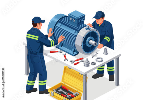 Industrial engineers or mechanics performing routine maintenance and repair on a large electric motor, ensuring optimal machinery operation and system reliability in a factory setting