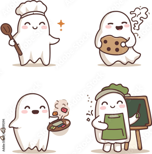 friendly spirits at work cute ghost occupations icon set