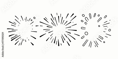 Three hand drawn black line burst explosion icons with various rays and dots in minimalist doodle style for graphic design emphasis and highlight effects