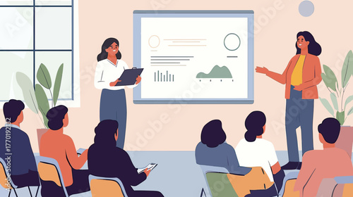 Female business coach delivering presentation to diverse audience in modern seminar room with charts and plants flat vector illustration