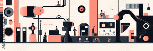 Industrial robotic automation factory with assembly line, automated machines, workers monitoring robot arms in modern manufacturing plant flat vector illustration