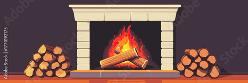 Cozy indoor stone fireplace with burning firewood flames warm home heating and stacked wooden logs on floor in flat minimalist vector style illustration