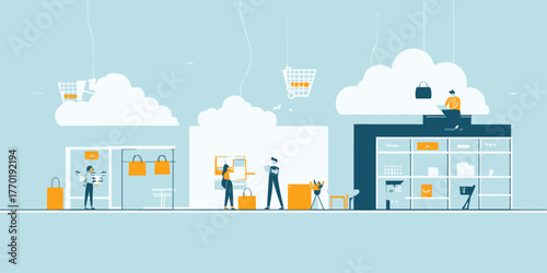 Flat minimalist vector illustration of people shopping online using cloud connected devices with shopping carts bags and ecommerce store concept background
