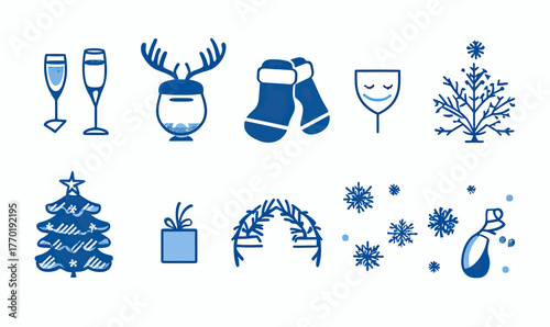 Blue minimalist Christmas and New Year icons set featuring champagne glasses, reindeer head, mittens, wine glass, decorated tree, gift box, wreath, snowflakes, and party popper on white background