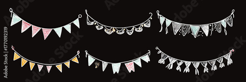 Hand drawn colorful party garlands with flag bunting tassels decorative festive design on black chalkboard background for celebrations and events vector illustration