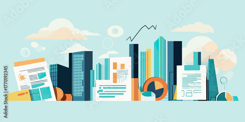 City skyline with financial documents, charts, graphs, and investment icons in flat minimalist vector style illustrating business finance concept