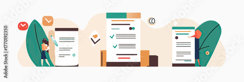 People completing digital forms on large mobile devices with checklist marks and abstract leaves in flat minimalist style vector illustration for online survey feedback and data collection concept