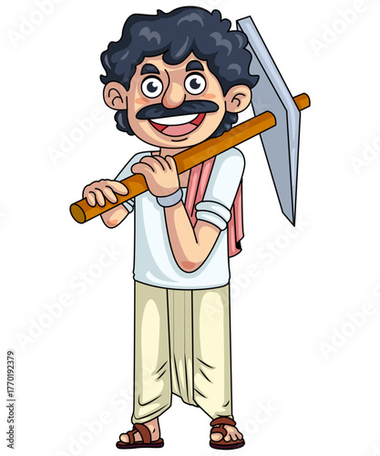 Cartoon vector illustration of an Indian farmer holding a plough — traditional rural man wearing dhoti, turban, and kurta, representing Indian agriculture and village life
