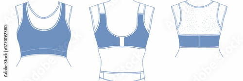 Technical fashion illustration of blue sports bra crop top front and back views with mesh back panel and minimalist vector style CAD mockup design template