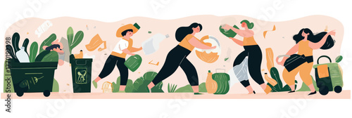 Group of diverse people collecting plastic trash and waste for recycling bin with plants around in flat minimalist environmental cleanup scene