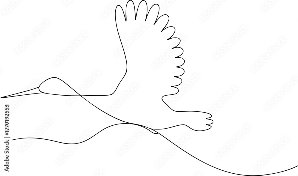 Fototapeta premium Single line drawing of a stork in flight over water