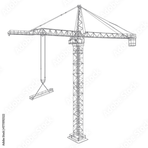 Detailed 3D wireframe vector illustration of tower crane lifting construction beam isolated on white background with minimalist low poly style for building engineering concept