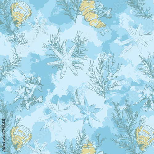 Seamless underwater pattern with starfish seashells seaweed on blue watercolor background for marine nature textile wallpaper design vector
