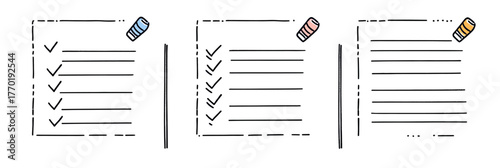Hand drawn checklist doodles with colored erasers and check marks on lined paper to do lists with minimalist sketch style and notebook planner concept vector illustration
