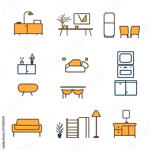 Minimalist flat vector icons set of modern interior furniture includes sofa, lamp, table, cabinet, chairs, shelves, plant, oven, and refrigerator in orange and navy colors