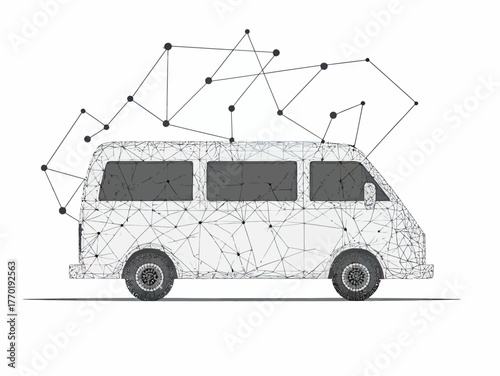 Side view low poly white van with geometric polygonal wireframe structure and connecting dots on white background digital vector concept illustration