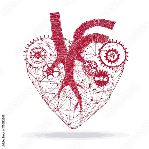 Abstract 3D Polygonal Human Heart Wireframe with Mechanical Gears and Branching Arteries in Red on White Background for Medical Technology Concept