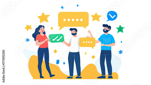 Business people giving positive feedback with speech bubbles and check marks surrounded by stars in flat minimalist vector style