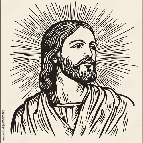 Jesus Christ portrait with radiant halo vintage woodcut engraving style vector illustration in minimalist flat black and white design for religious art and iconography