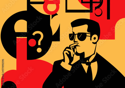 Vector illustration of skeptical businessman in suit and sunglasses thinking with question marks and abstract geometric shapes background in flat minimalist style