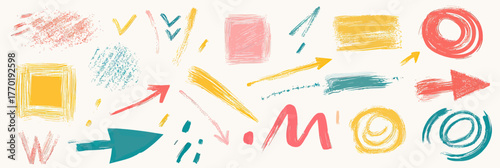 Colorful abstract brush stroke arrows shapes and doodle elements vector set with crayon and chalk style isolated on white background for creative design and art projects