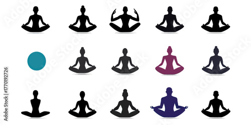 Set of diverse yoga poses silhouettes in meditation posture with colorful variants in flat minimalist style for health and wellness concept illustration