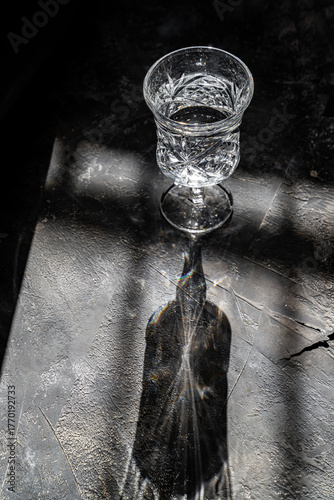 Glass of water with sunlight shadows