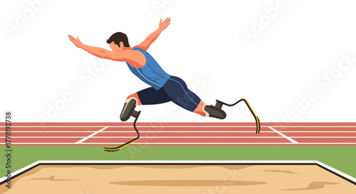 Athlete with Prosthetics Long Jumping on Track, Inclusive Sports Illustration