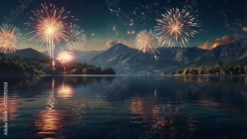 Colorful Fireworks Over Mountain Lake at Night Celebration