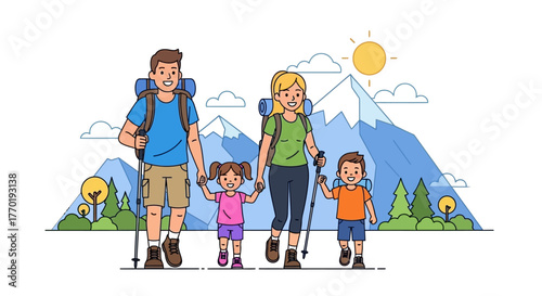 Happy family hiking in the mountains with backpacks and trekking poles enjoying a sunny day