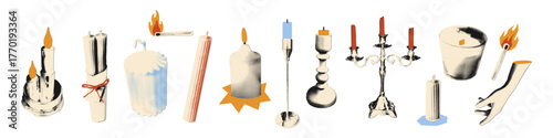 Candles halftone art collage elements set. Various cut out melted stubs, candelabra, burning match with vintage dot texture and doodles. Modern retro vector illustration on transparent background