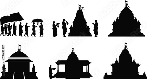 Indian temple silhouettes, religious ceremony, monks and devotees worship, traditional architecture, spirituality illustration, Hindu temple design