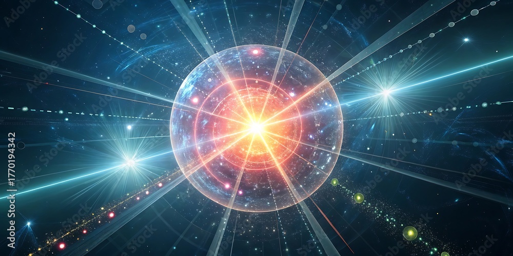Obraz premium Abstract glowing orb with radiating light beams and cosmic background.