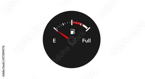 Car fuel gauge with red needle pointing to empty.