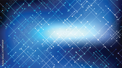 A dynamic blue gradient background features interconnected white lines and nodes, suggesting a network, technology, or futuristic concept with a subtle light burst at the center