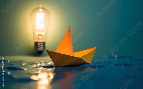 Paper made origami boat sailing towards a light bulb. High quality
