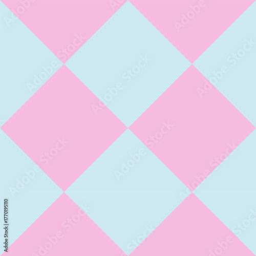 A seamless pattern with a large checkerboard or argyle grid composed of alternating pink and light blue diagonal squares. This minimalist design is for a background, digital paper or textile print.
