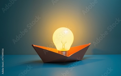 Paper made origami boat sailing towards a light bulb. High quality