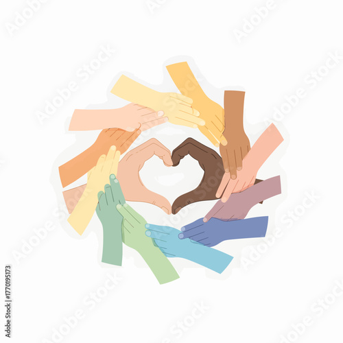 Hands of different colors forming a heart shape in the center.