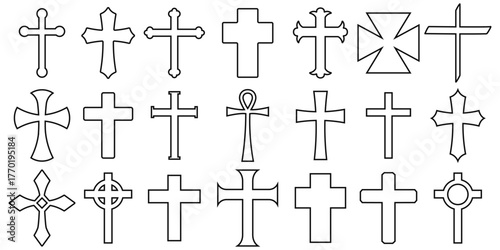 Vector image of a Christian cross silhouette in various styles. Concept of Orthodoxy and faith. Element for your design.